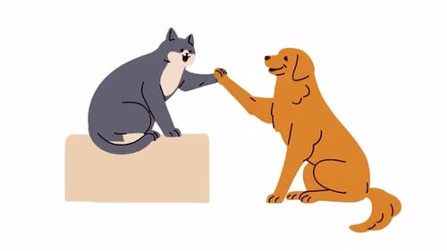 Cute Dog & Cat Giving Paw & Playing - Pets Friendship - Kids Cartoon Animations