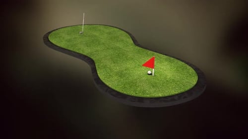 Looped animation of playing golf on an abstract eight-shaped field. Club strikes the ball in hole