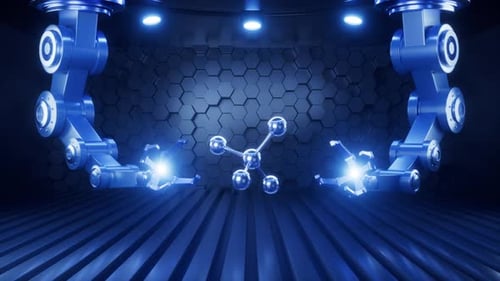 Molecule with mechanical arms in the neon background