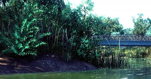 Idyllic Riverside Getaway with Greenery and a Sunlit Bridge