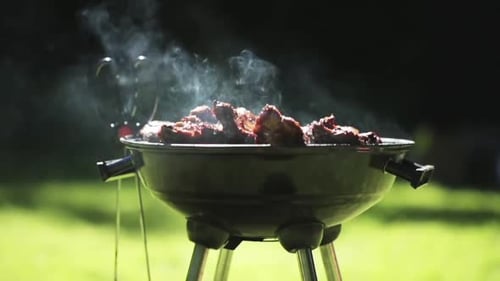 Cooking, Culinary and Food Concept - Barbecue Meat Roasting on Grill Or