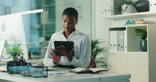 Business, hr or black woman on tablet in office for account management or online recruitment