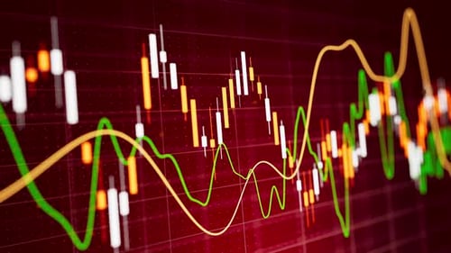 Seamless loop 3D red candlestick chart with indicator lines.