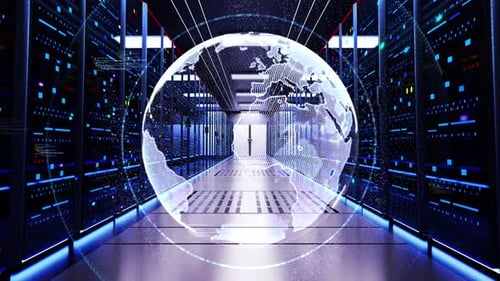 Digital Globe Spinning Network Connections Growing Data Center Server Room