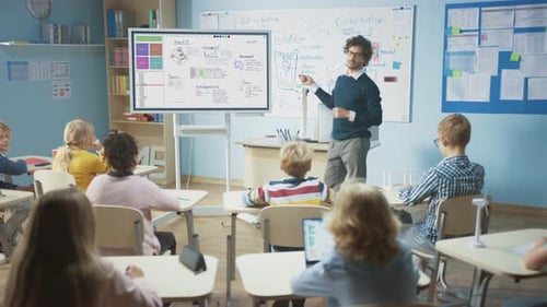 Elementary School Science Teacher Uses Interactive Digital Whiteboard to Show Classroom Full of Chi