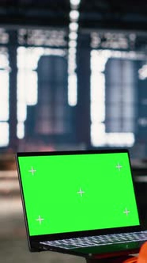 Vertical Video Green Screen Laptop with Black Technician Overseeing Fabrication Tasks