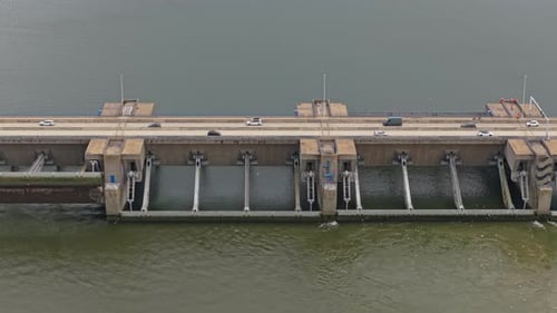 Drone capture of Haringvlietdam water barrier across Haringvliet, Netherlands