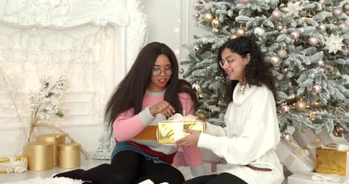 Multiracial Girls Unpacking Christmas Presents at Home