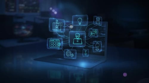 Software Developer Working with Virtual Interface and Connected Icons