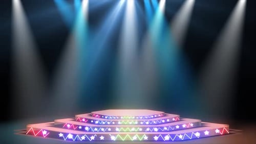 Weiße und blaue Spotlicht-Animation mit Bühnen- und Neoneffekten. Neonlicht und Bühne mit Scheinwerferlicht