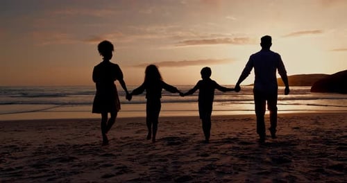 Family silhouette, walking on beach and holding hands for support, holiday