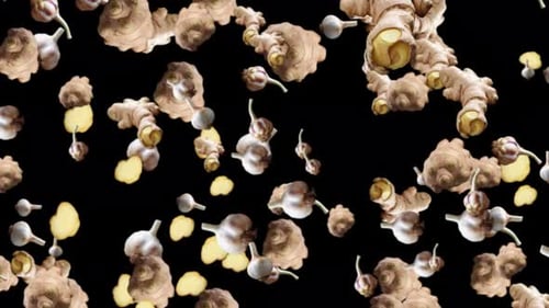 Garlic And Ginger Falling On Black Background. Slow Motion Garlic Bulbs And Ginger Falling Vegetable