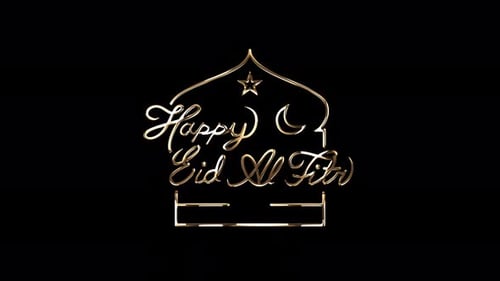 Animated Golden Happy Eid Al Fitr Script Letter with star moon and mosque on transparent background