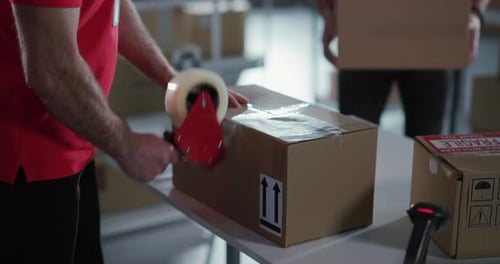 Vielfältiges Berufspaar kaukasischer Arbeiter im Postamt, das Masken trägt, kommuniziert und
