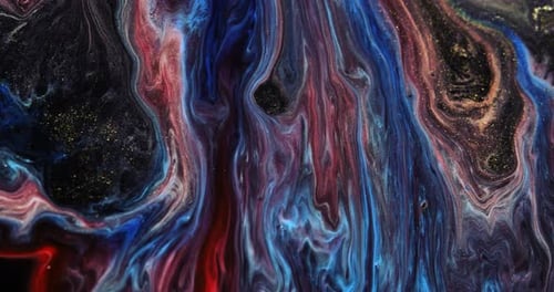 Abstract Unique Moving Background with Blue Yellow Paint on a Black Substrate Liquid Art