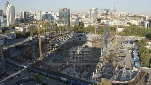 An industrial built-up city. Stock footage. Bird's-eye view of a large European city with houses