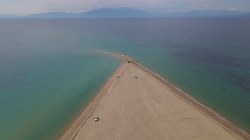 4k forward moving clip over a peninsula on the tropical beach of Epanomi, Halkidiki, Greece