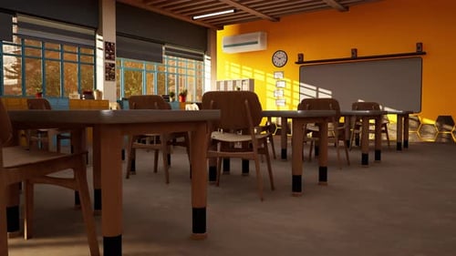 Bright Classroom Filled with Wooden Desks in Rows Inside Lecture Hall