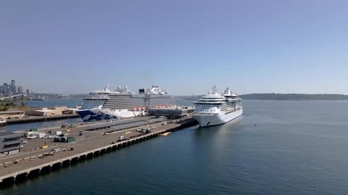 Aerial view of Eliot Bay with many ferries and cruise ships anchored. Cruise ships entering and exit