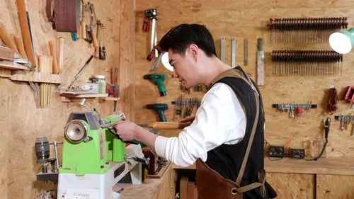 Eco friendly woodworker's shop, carpenters handmade craftsman builder equals polishes wooden board w