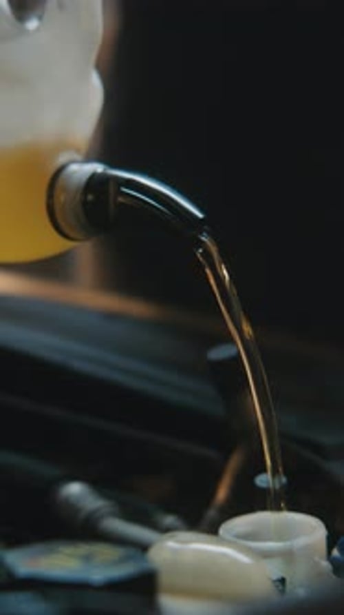 Auto Repair Specialist Carefully Refills Fluid Under Raised Hood