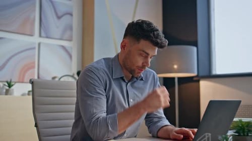 Tensed Boss Typing Laptop Keyboard at Private Cabinet Closeup Man Touching Head