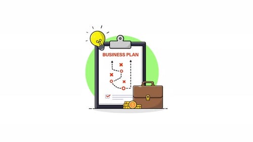 4k Clipboard with Office Bag and Idea Bulb. Business Ideas Concept Animation Video