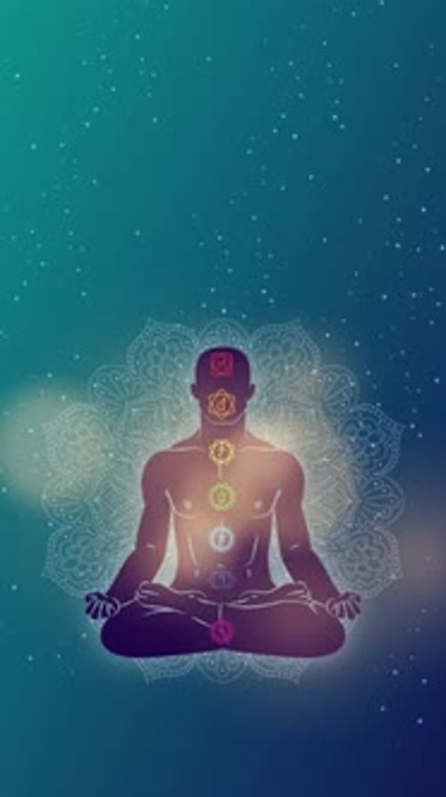 Man meditating practicing yoga - chakra colors Vertical