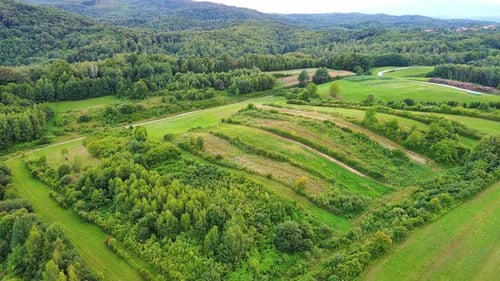 Valley with Fields Meadows Agricultural Farms Forests and Houses