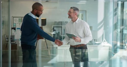 Business men, tablet and handshake in office with finance report, budget review and statement