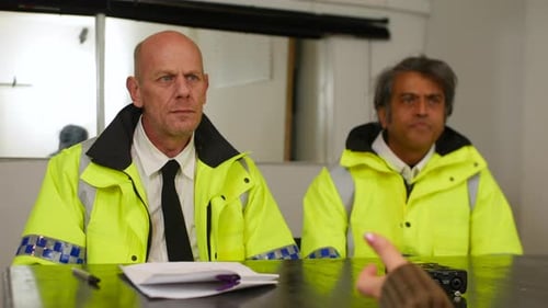 An unrecognizable girl being interviewed by police in an interogation room at a police station after