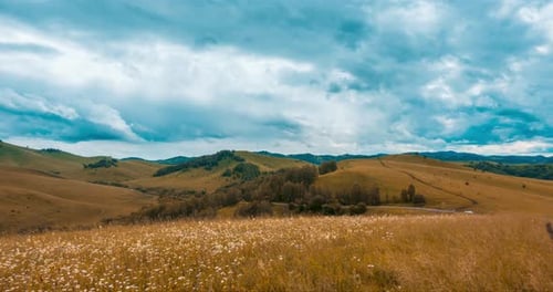 Mountain Meadow Timelapse at the Summer or Autumn Time Wild Nature and Rural Field Fast Clouds