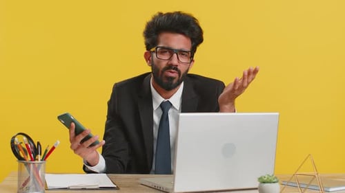 Indian Office Business Man Use Smartphone Surprised By Bad News Fortune Loss Fail Lottery Results