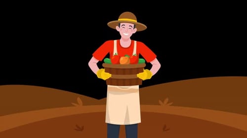 Farmer Holding A Fruit And Vegetable Basket On Alpha Channel