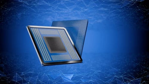 Microchip on abstract network background. Screensaver for the technological block. Video about techn