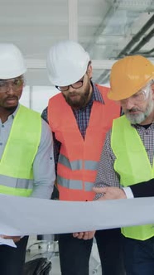 Team of Construction Workers Reviewing Blueprints on Job Site