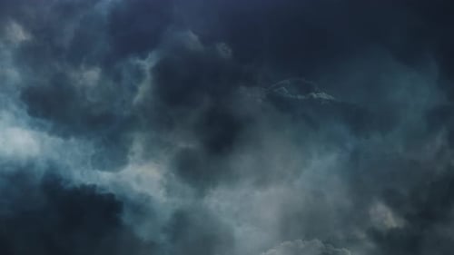 4k thunderstorm, flying through dark cumulonimbus clouds in the sky.