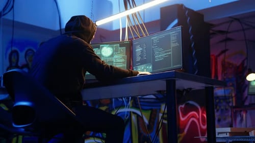 Man Coding at Computer in Graffiti Covered Room