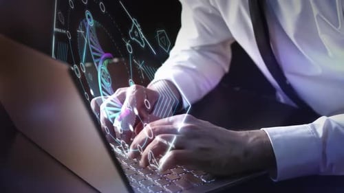 Futuristic DNA Strand Data Analysis Hologram Overlay