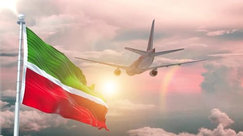 Waving Flag and Airplane Flying in a Realistic Sunset Sky