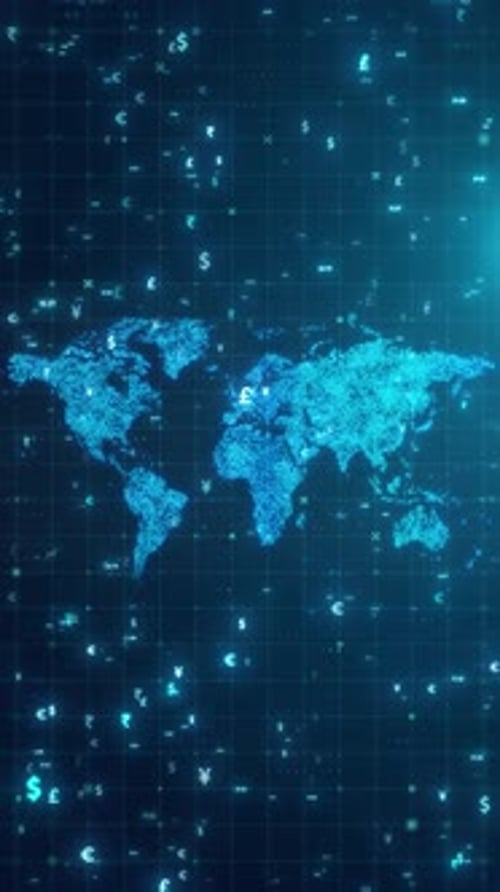 Animated Global Currency Symbols Over Futuristic Digital World Map – Dark Blue Finance Background