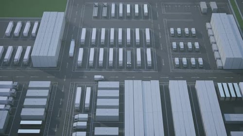 Overhead View of a Large Logistics and Distribution Center with Trucks