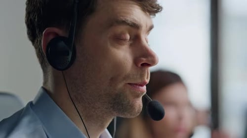 Portrait Call Center Specialist Talking Microphone Focused Man Helping Client