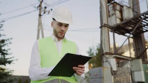 Handsome Engineer Standing Outside in Safety Clothes Noting Power Lines Data