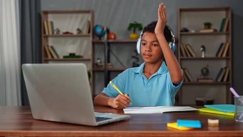 Young African American Child Boy Studying at Home Kid Sits at Desk Attends School Class Online on