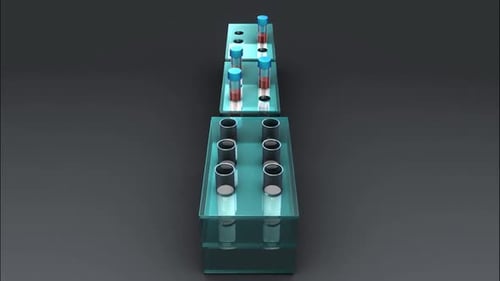 Scientific glass racks holding various colored test tubes