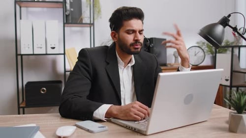 Businessman Working on Laptop Wearing Headset Call Center Support Service Operator Office Helpline