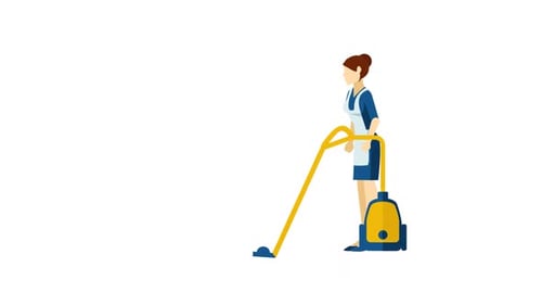 Animated Housekeeper Vacuuming with Flat Design Style