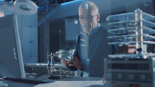 Electronics Maintenance Engineer Enters His Workshop with Coffee Beginss Soldering of Circuit Board