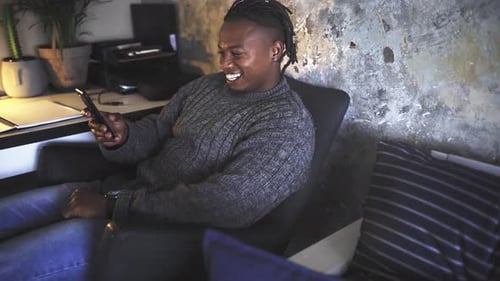 Laughing, phone or happy black man on social media to chat on internet post or website notification